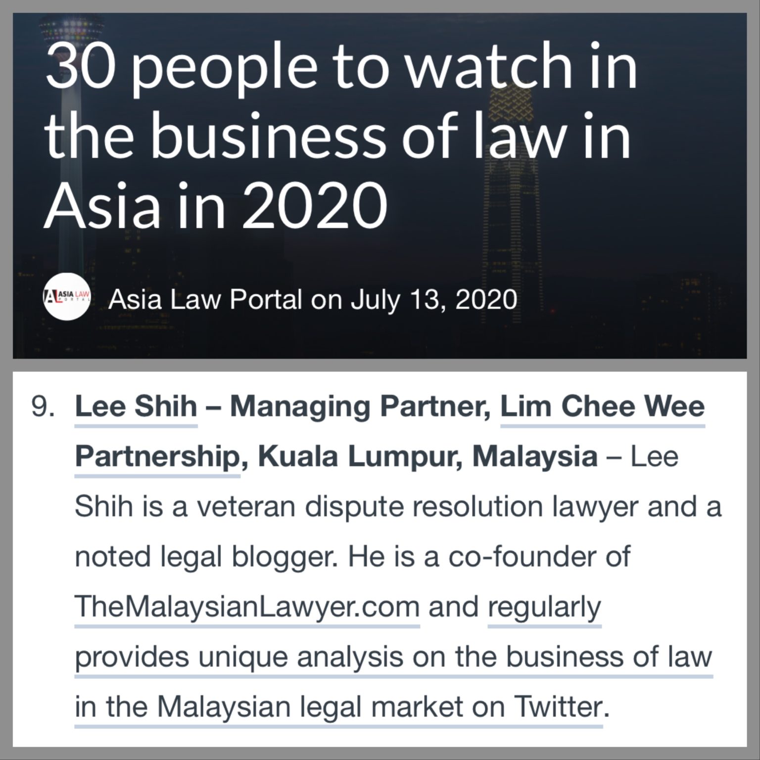 Asia Law Portal's 30 People to Watch in the Business of Law in Asia 2020